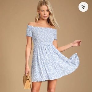 Lulu’s Dress Blue and White Off Shoulder Small